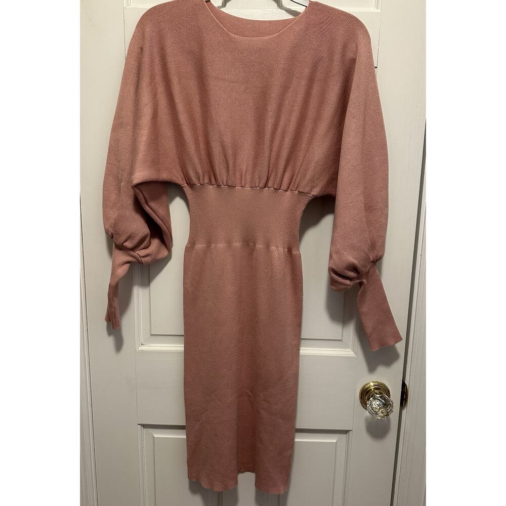 Womens L Sweater Dress Knee Length Ribbed Pink Boho Dolman Sleeve Retro Cinch